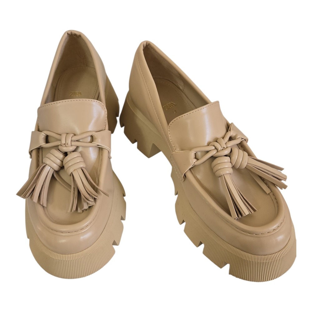 Zara Beige Chunky Lug Sole Tassel Loafers Platform Shoes Size 37 Clean‎
